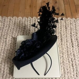 Stunning Navy Blue Fascinator Hat - Large Floral Feather Tea Party Headpiece